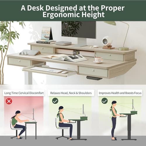 FEZIBO 55'' x 24" Height Adjustable Electric Standing Desk with 4 Drawers and Keyboard Tray, Home Office Table for Work, Study, Gaming, Writing, Light Walnut 5