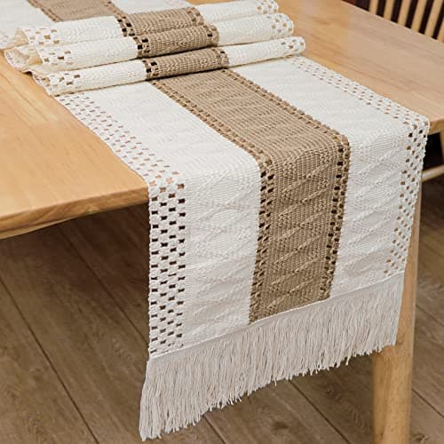 OurWarm Macrame Table Runner Farmhouse Style, Natural Burlap Boho Table Runner Modern Farmhouse Decor Rustic Woven Cotton Crochet Lace for Bohemian, Rustic,Bridal, Shower Wedding, Dinner, 72" x 12" 8