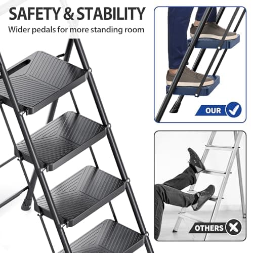 KINGRACK Folding 4 Step Ladder, Portable Ladder for Multi-Purpose, Home, Kitchen, Heavy Sturdy Steel Step Stool with Anti-Slip Wide Pedals, Handrail, Safe-Lock Design, Pass 500lbs Load Testing, Black 5