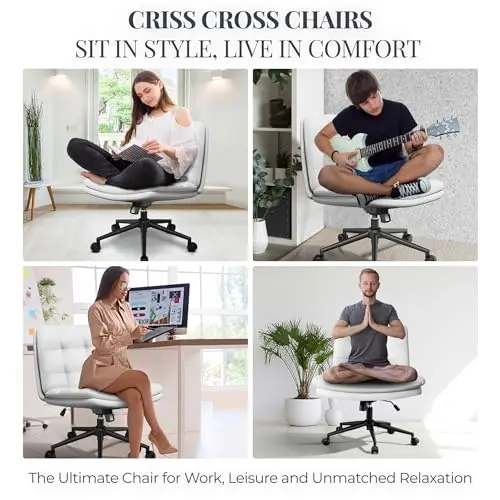 Criss Cross Desk Chair for Cross Legged Sitting, Easy to Assemble with Wheels - Premium Detachable Wheel and Swivel Design, Cozy White Ergonomic Office Chair with Wide Comfy Seating 7
