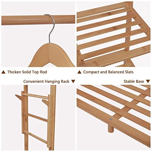 Ufine Bamboo Garment Rack 6 Tier Storage Shelves Clothes Hanging Stand with Side Hooks, Heavy Duty Clothing Rack Portable Wardrobe Closet Organizer 7