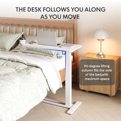 FLEXISPOT H7 Adjustable Overbed Bedside Table with Wheels Pneumatic Mobile Standing Desk Laptop Desk Rolling Computer Cart Movable Overbed Table Hospital Home Use(27.6" W x 15.7" D, White) 5
