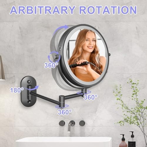 8“Wall Mounted Makeup Mirror With Lights, 10x Magnifying Mirror Wall Mount for Vanity, Bathroom and Shaving, Rechargeable Wall Mounted Makeup Mirror Swing Arm with Adjustable Brightness (Black-10X) 6