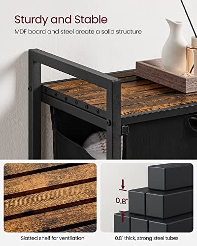 VASAGLE Laundry Hamper, Laundry Basket, Laundry Sorter with 2 Pull-Out and Removable Bags, Shelf, Metal Frame, 2 x 12.1 Gallons (46 L), 28.8 x 13 x 28.4 Inches, Ink Black and Rustic Brown UBLH201B01 5