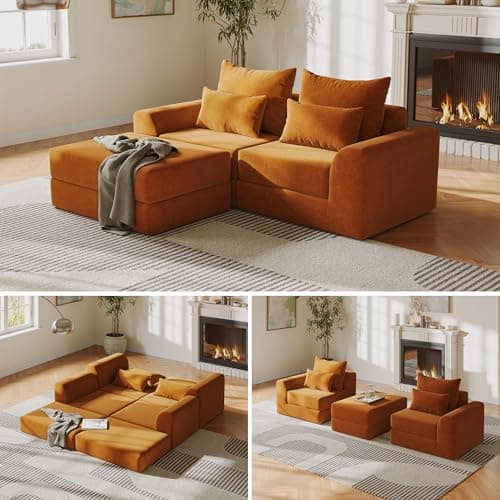 SOFA-IN-BOX Modular loveseat with Ottoman, L-Shape Boneless Couch, Customizable Sectional Couch, Free Combination Design Sleeper Sofa, Clay Ember