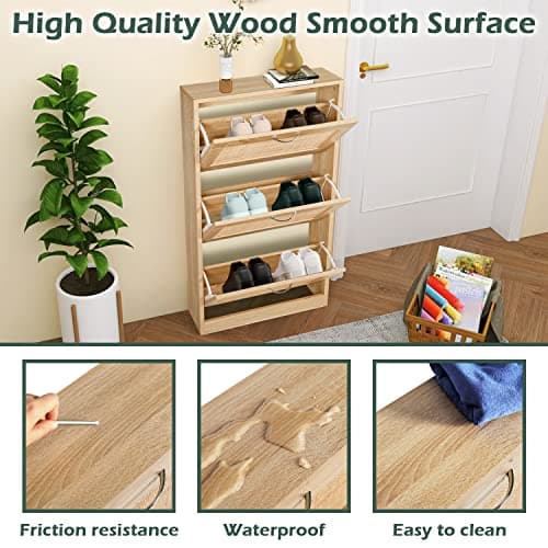 HOPUBUY Rattan Shoe Cabinet for Entryway, Narrow Shoe Storage Cabinet, Hidden Shoe Cabinet Wood 3 Tier Slim Shoe Rack for Home and Apartment, Nature 6
