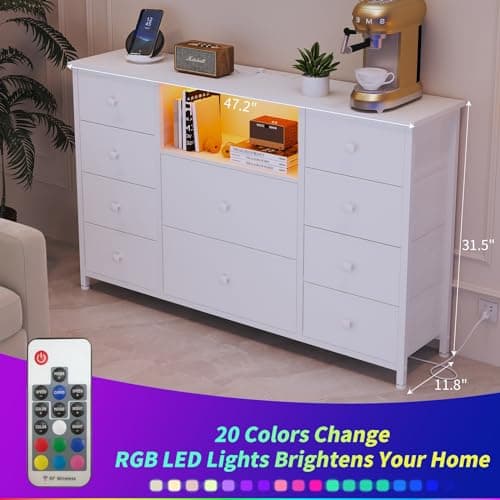 LDTTCUK Dresser with Charging Station and LED Lights, Long Dresser for Bedroom Dresser TV Stand with 10 Drawers, Fabric Chest of Drawers with PU Finish, Wide Dresser Storage Organizer, White 5