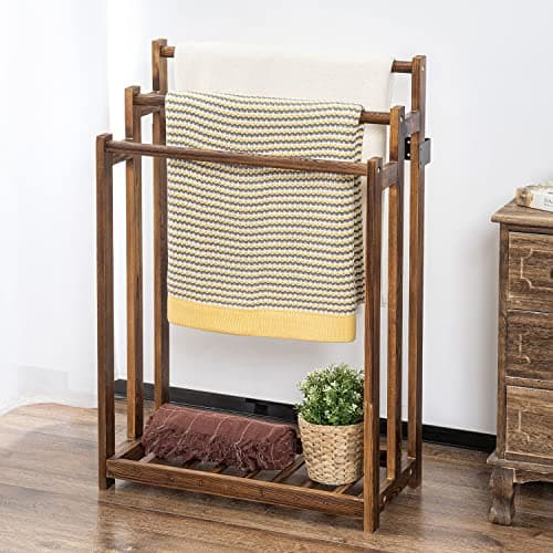 MyGift Free Standing Towel Rack, Wooden 3-Tier Quilt Rack, Bath Towel Drying Stand, Blanket Holder with Bottom Storage Shelf, for Bathroom, Living Room, Rustic Dark Brown 7