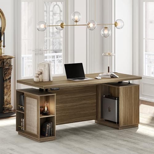 Perledesign 70" Standing Desk with Storage, Executive Electric Height Adjustable Stand Up Desk with AC/USB and Privacy Panel, Large One-Piece Destop, Rattan Computer Desk for Home Office, Natural Oak