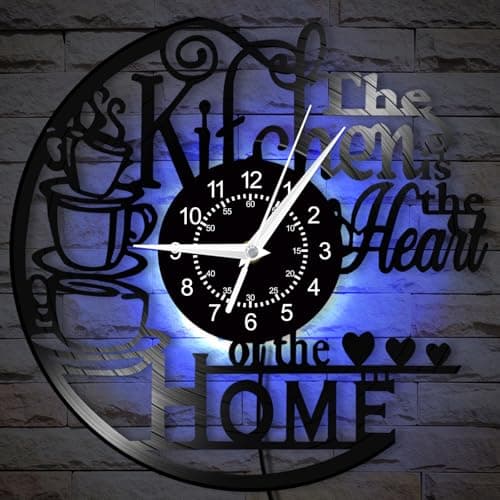 Timeglow 12'' Kitchen Vinyl Record Wall Clock 7 Kinds of LED Color, Kitchen Heart Home Theme Wall Clock Night Light Silent Non Ticking Coffee Bar Wall Watch Clock for Women Wife Restaurant Dining Room 5