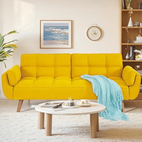 liuyouhom Convertible Futon Sofa Bed, Sleeper Couch Bed with Adjustable Backrests, Linen 3 Seater Small Couches for Small Spaces, Living Room, Bedroom(Yellow, 75")