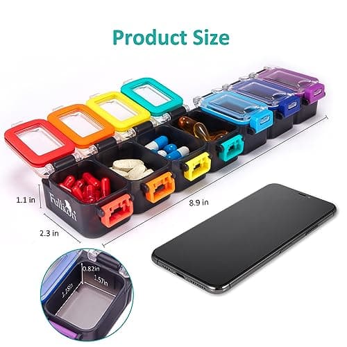 Fullicon Weekly Pill Organizer 7 Day Ultra Moisture and Spill Proof Daily Pill Box, Large Medicine Case with Secure Buckle, Compact Travel Pill Container for Pill, Vitamin, & Fish Oil (Rainbow Black) 6