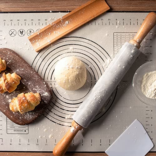 PARMEDU Solid Marble Rolling Pin Set with Wooden Base, Silicone Baking Mat and Dough Scraper, 10-inch Roller White, Model BK003 7