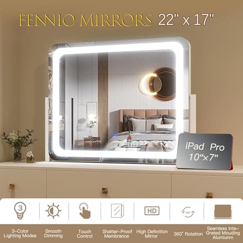 FENNIO Vanity Mirror with Lights 22''x17'' Makeup Mirror with Lights,Vanity Mirror Touch Screen with 3-Color Lighting,Dimmable,for Vanity Desk Tabletop 7