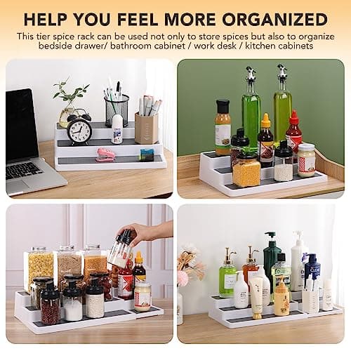 CiWiVOKi 3 Tier Expandable Spice Rack Organizer, White/Grey Plastic Spice Rack, Adjustable Length 14.6In-25.8In, 2 Pack Non-Skid Tiered Spice Shelf Organizer for Kitchen Cabinet, Cupboard, Pantry 7