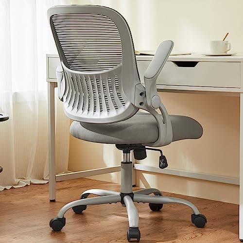 Sweetcrispy Office Computer Desk Chair, Ergonomic Mid-Back Mesh Rolling Work Swivel Task Chairs with Wheels, Comfortable Lumbar Support, Comfy Flip-up Arms for Home, Bedroom, Study, Student, Gray