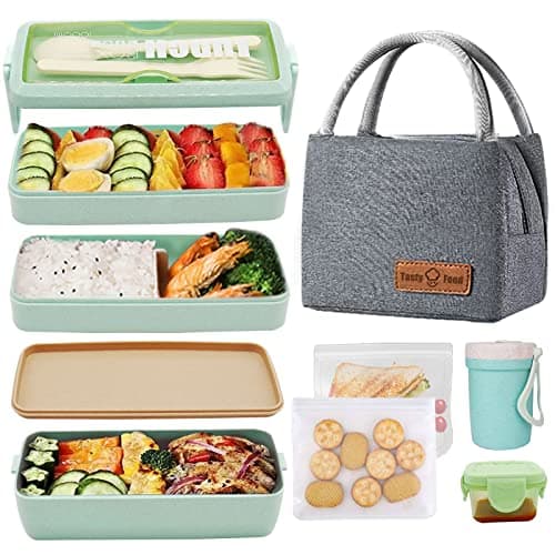 DearHomie Bento Box Upgrade Japanese Lunch Box Kit,3 Layer Stackable Leakproof Lunch Box Containers with Accessories,Wheat Straw Bento Lunch Box for Kids and Adults