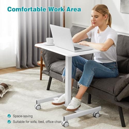 DUMOS Small Standing Desk Mobile Portable Rolling Laptop PC Table on Wheels Adjustable Height Computer Workstation for Home Office, 19 Inch, Pure White 6