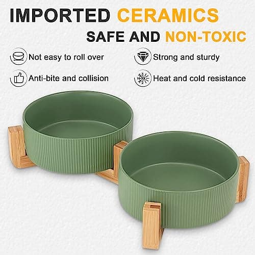 Ptlom Ceramic Pet Bowls for Dog and Cat, No Spill Dog Food and Water Bowl Set with Anti-Slip Wooden Stand, Riased Puppy Feeding Dishes Suitable for Small, Medium and Large Cats Dogs, Green 28 OZ 6