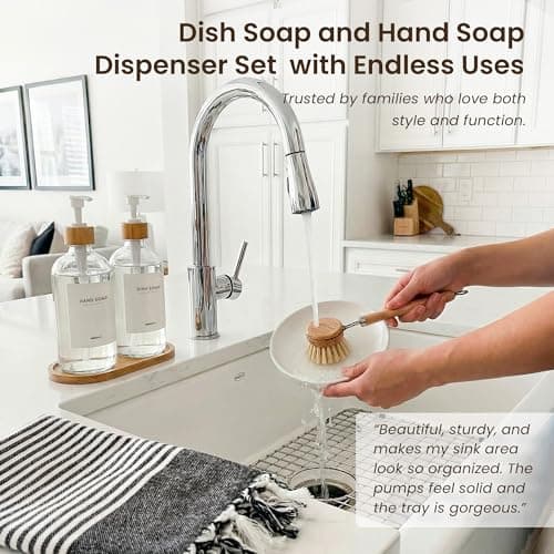 MaisoNovo Glass Dish Soap Dispenser for Kitchen Set of 2-16.9oz Clear Dish and Hand Soap Dispenser Set for Kitchen - Clear Glass Bottles x 2 with White Bamboo Pumps & Tray 6