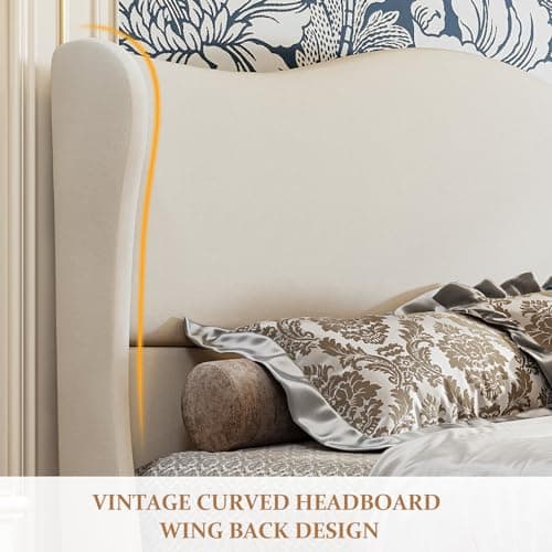 koorlian King Size Bed Frame Upholstered Platform Bed with 51" Tall Headboard Wingback, Soft Fabric, Retro Simple Style Platform Bed No Box Spring Needed, Easy Assembly, Beige 5