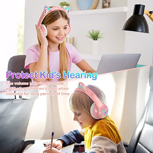 LOBKIN Bluetooth 5.4 Kids Headphones with Case - RGB LED Light Up Cat Ears Foldable Adjustable Over Ear Headphone Support Wireless or 3.5mm Wired Mode for Toddler & Girls & Boys Teens 5