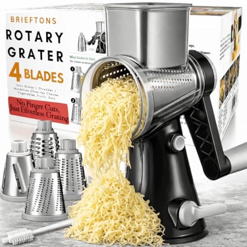 Brieftons 4-Blade Rotary Cheese Grater, Kitchen Food Cutter with Handle, Mandoline Vegetable Slicer, Nut Grinder, Hand Crank Shredder for Cheese, Vegetables, Fruits, Nuts, Easy to Use, Clean & Store