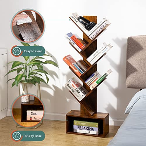 Yoobure Tree Bookshelf - 6 Shelf Retro Floor Standing Bookcase, Tall Wood Book Storage Rack for CDs/Movies/Books, Utility Book Organizer Shelves for Bedroom, Living Room, Home Office, Rustic Brown 7
