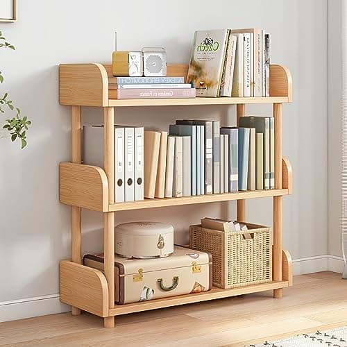 OSCHF 3-Tier Wooden Open Bookcase - Modern Display Bookshelf with Top Edge and Solid Wood Frame for Home and Office, Storage Cabinet, Oak