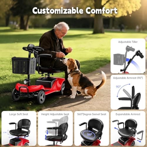 4 Wheel Mobility Scooter, Mobility Scooters for Seniors, Features a Maximum Range of up to 15 Miles, Equipped with Charger (Red) 8