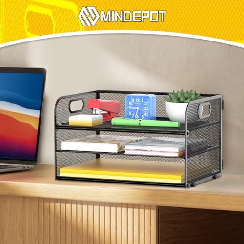 MINDEPOT 3 Tier Paper Organizer Tray with Handle, Mesh Letter Tray for Office, Home, School (1 Pack), Black 6