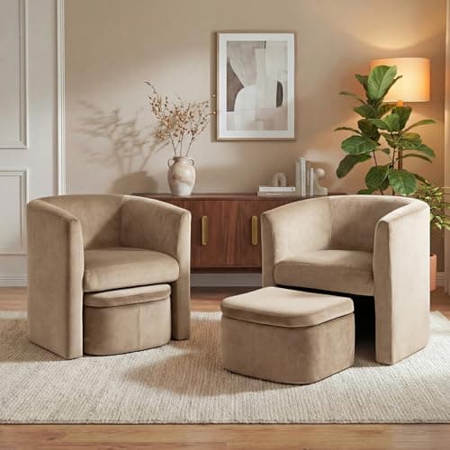 COLAMY Morden Velvet Barrel Accent Chair with Storage Ottoman Set of 2, Upholstered Living Room Side Chair, Single Sofa Armchair with Lounge Seat for Bedroom/Office/Reading Spaces, Khaki