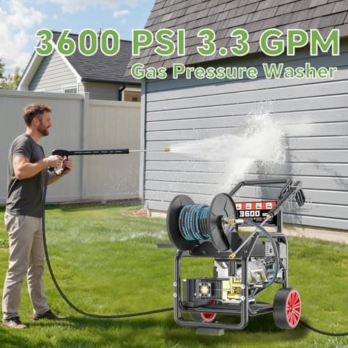 KARHDIR 3600PSI Gas Pressure Washer with Hose Reel, 3.3 GPM, One-Button Electric Start 212cc 7HP Commercial Pressure Washer with 50FT 3/8" Hose, Spray Gun & Wand, 5 Quick Connect Nozzles 3