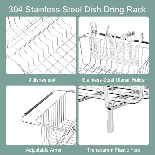 JAQ Dish Drying Rack in-Sink, 304 Stainless Steel Dish Drainer with Stainless Steel Silverware Holder Over Inside Sink-Adjustable 15.08" to 22.4" Maximium 13 Upright Dishes 7
