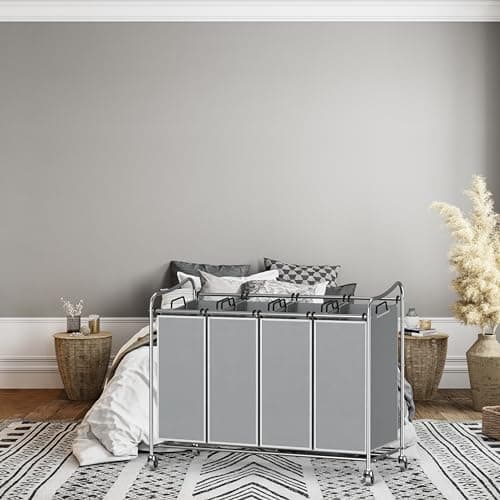Simple Houseware 4-Bag Heavy Duty Laundry Sorter Rolling Cart, Silver 5