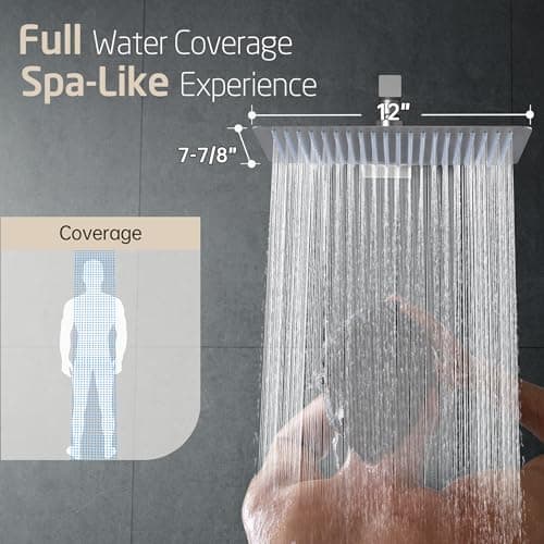 12-Inch Rectangle Rain Shower Head, KES Ultra-Thin High Pressure Rainfall Shower Heads, 300 Nozzles for Dense Water Flow, Full Body Waterfall Coverage, Wall or Ceiling Mount, Brushed Steel, J215F18-BS 5