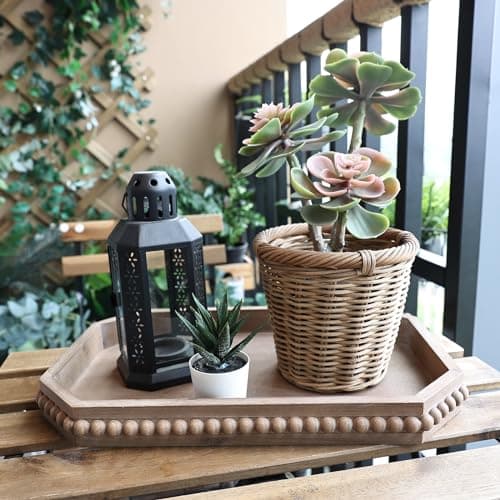 Hrastany Wood Rustic Serving Tray with Beads, Farmhouse Brown Decorative Tray for Table Centerpiece, Christmas Wedding Halloween Home Decor 7