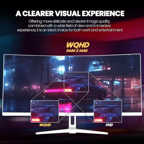 CRUA 34" Curved Gaming Monitor, WQHD 3440x1440, 120Hz Computer Monitors, 1500R VA Screen, 120% sRGB, AMD FreeSync, Blue Light Filter, HDMI 2.0 & DP 1.4, Wall Mountable Installs- White 7