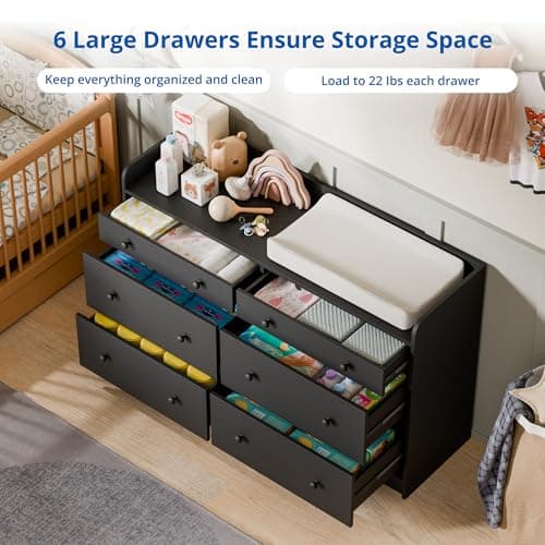 Cozy Castle Baby Dresser with 6 Drawers and Large Table Top, Multi-Functional Chest of Drawer, Drawer Dresser with Three-Sided High Rails for Nursery, Children's Room, Bedroom, Black 5