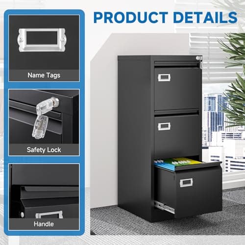 BYNSOE 3 Drawer File Cabinet with Lock Metal Vertical File Cabinet Office Home Narrow File Cabinet for A4 Legal/Letter Size,Assembly Required (Black, 3 Drawers-Vertical) 8