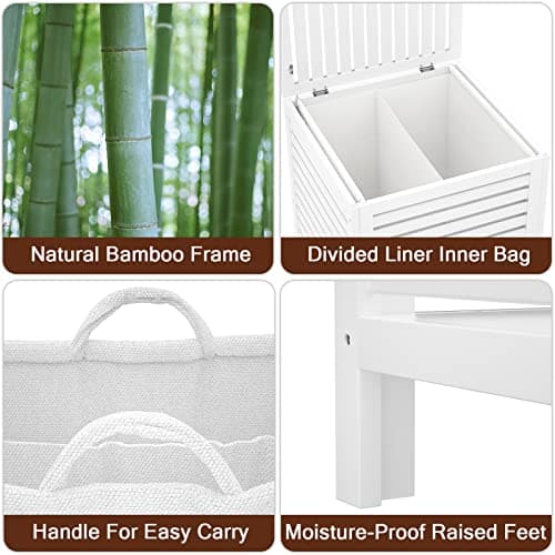 Homykic Bamboo Laundry Hamper with Lid, 120L Large Clothes Laundry Sorter with Removable 2-Section Liner Bag, Raised Laundry Basket Organizer for Clothing, Bathroom, Bedroom, Laundry Room, White 6