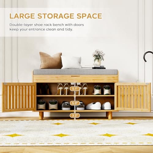 oakvivo 35.4in Shoe Storage Bench, Bamboo Entryway Bench with Lift Top Storage & Padded Seat Cushion, 2-Tier Shoe Rack Cabinet with 2 Doors for Entryway, Living Room, Bedroom, Mudroom, Natural 6