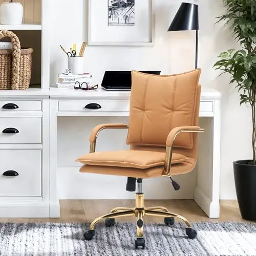 DRKAT Leather Home Office Desk Chairs Comfy Office Chair, Mid-Back Adjustable Swivel Computer Chair with Golden Legs and Arms, Modern Upholstered Task Chair with Wheels, Camel