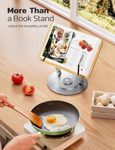 Nulaxy Bamboo 360 Rotating Book Stand for Reading, Adjustable Textbook Holder for Reading, Foldable Desktop Cookbook Stand with Protective Page Clips, Fits All Books - Silver 7