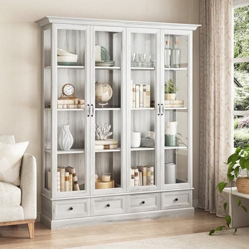 UKAOCAI 78" Large Storage Cabinet with Glass Doors,China Hutch,Farmhouse Kitchen Pantry, 4-Tier Display Cabinet with Adjustable Shelve, 63" W Bookshelf for Kitchen Dining Room, Living Room,Gray