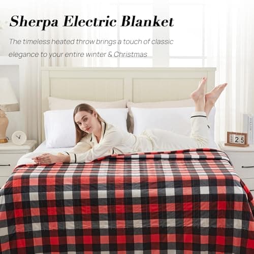 Westinghouse Electric Blanket, Plaid Sherpa Heated Blanket, 10 Heating Levels & 1-12 Hours Time Settings, Red, 62"x84" Twin Size 5