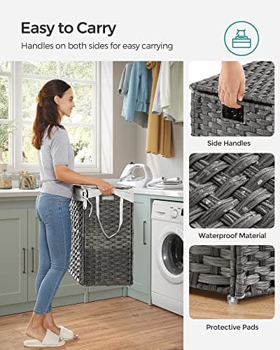 SONGMICS Laundry Hamper with Lid, 90L Clothes Hamper with 2 Removable Liner Bags, 6 Mesh Bags, Wicker Laundry Basket, Double Laundry Hamper for Bathroom, 13 x 18.1 x 23.6 Inches, Gray ULCB251G01V1 7