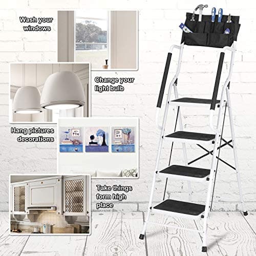 Wiberwi 4 Step Ladder with Handrails 500 lb Capacity Step Stool Folding Portable Ladders for Home Kitchen Steel Frame with Non-Slip Wide Pedal Stepladder with Attachable Tool Bag White 5