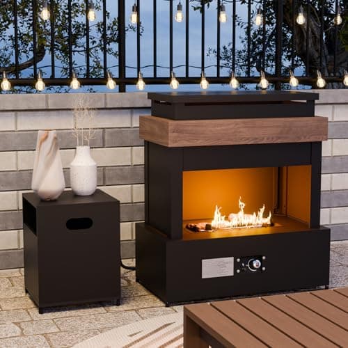 COOS BAY Outdoor Propane Fireplace, 50,000 BTU Adjustable Gas Fire Pit with Tank Storage, Smokeless Ceramic Log Chiminea Patio Heater, 35.4"x22"x40.6", Gray/Tan 5
