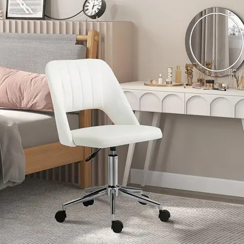 Vinsetto Modern Mid Back Office Chair with Velvet Fabric, Swivel Computer Armless Desk Chair with Hollow Back Design for Home Office, Cream White 8